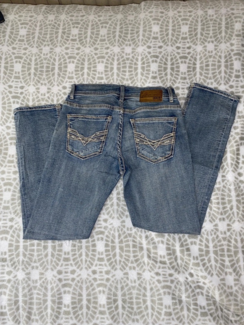 BKE Light Blue Straight Leg Jeans with Embroidered Back Pockets